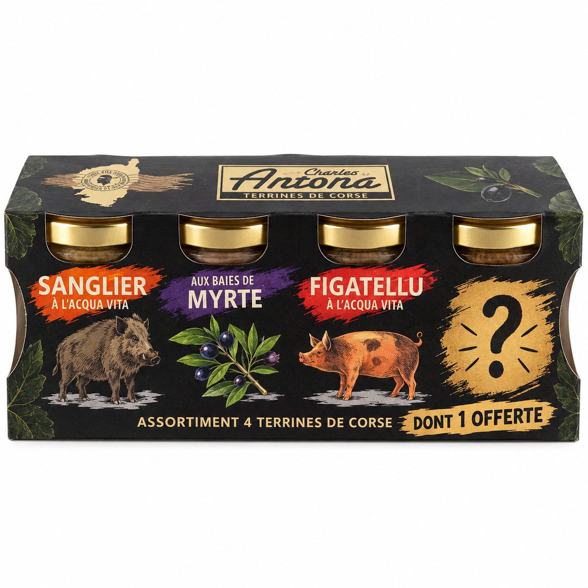 Étui 4 terrines (Figatellu, Sanglier, Porc aux Myrtes + 1 terrine offerte) – 4 × 140 g (pré-commande PRO)