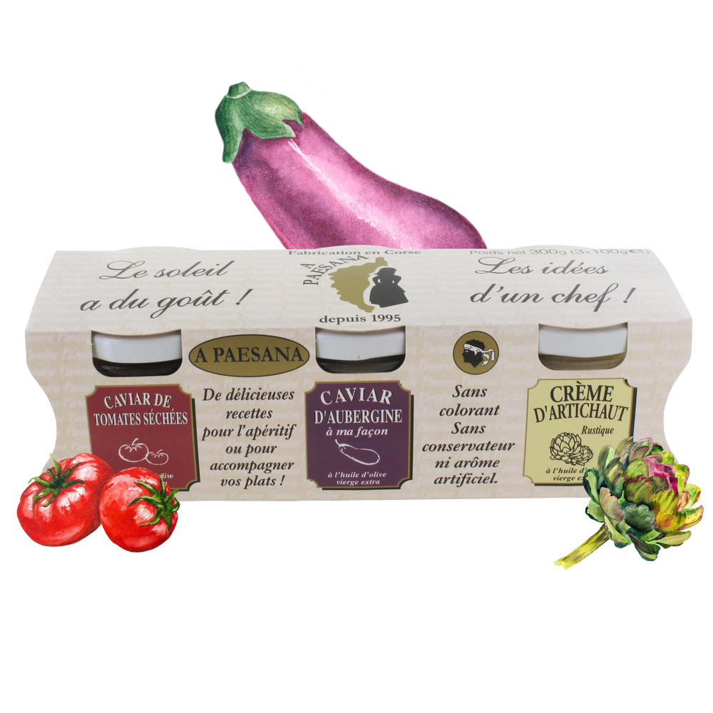 Coffrets Cadeau Tripack (Caviar de tomates séchées, Caviar d’aubergine, Crème d’artichaut) (Pré-commande PRO)